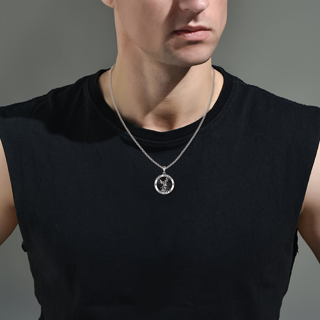 Pure Silvery St. Michael Necklace Amulet Protects Us Necklace Patron Angel Pendant Christian Jewelry Birthday Men's Gift