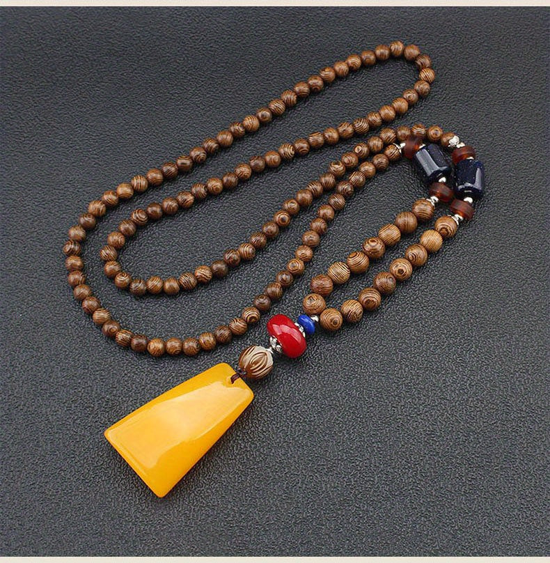 Bohemian Ethnic Wooden Buddha Bead Necklace for Men & Women - Natural Wood & Water Buffalo Turquoise Beads, Handcrafted Retro Unisex Jewelry for Daily Wear, Vacations, Unique Gift Idea