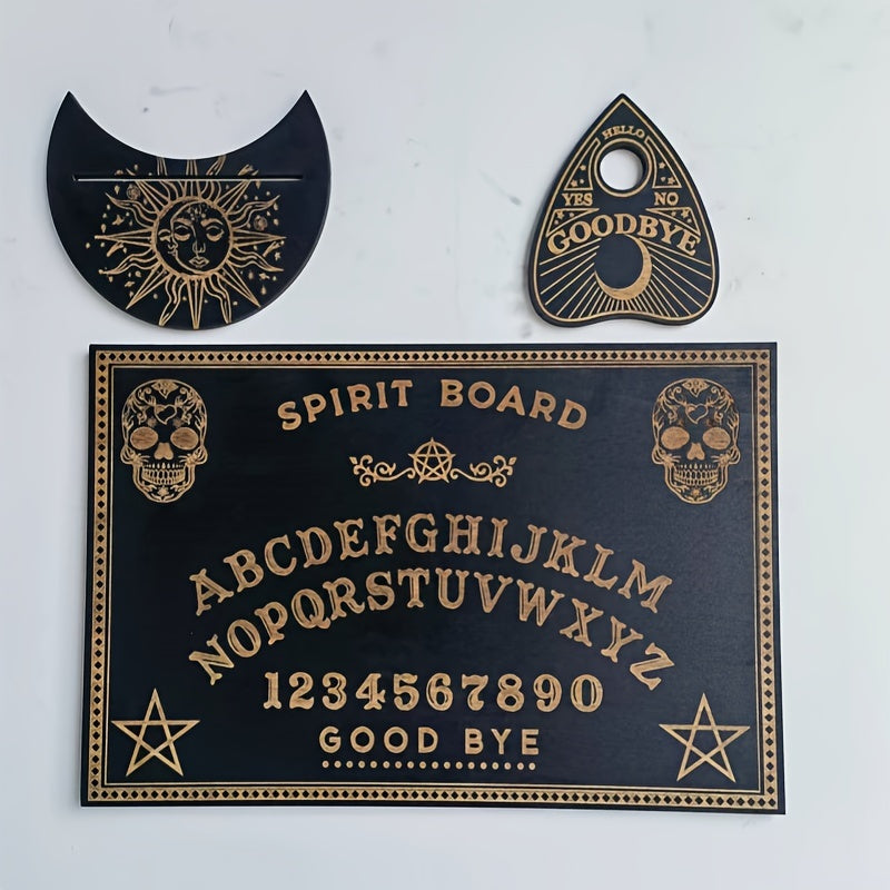 Vintage Halloween Spirit Board Set - 3pcs Wooden Ouija Board Kit with Planchette for Divination, Party Games, and Supernatural Art Display - No Electricity Required, Featherless
