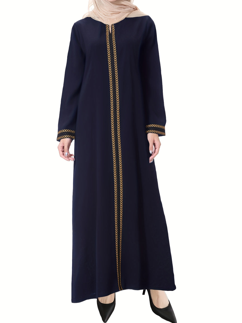 [Navy Blue Kaftan] Navy Blue Muslim Kaftan Dress | Elegant, Golden Embroidery, Sleeve, Loose Fit, Maxi Length, Hijab-Friendly Design, All-Season Wear