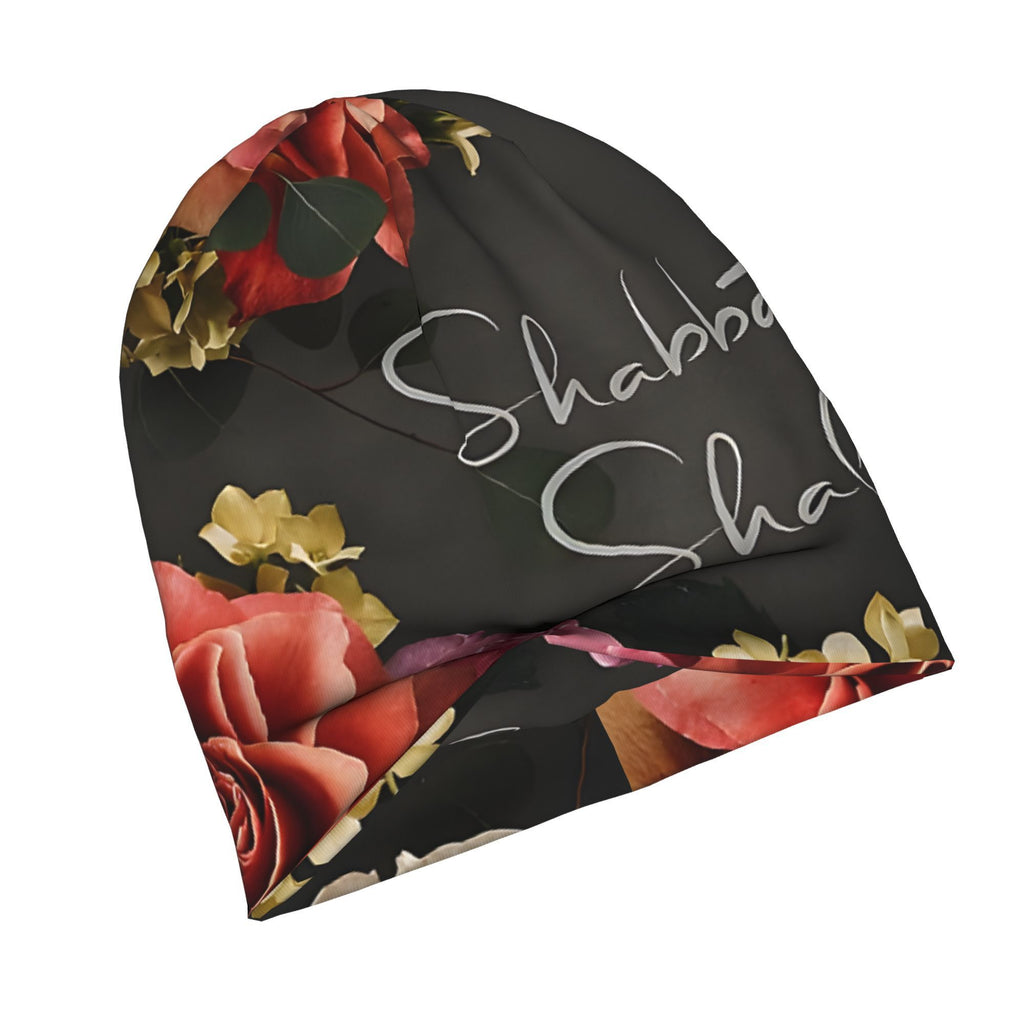 Shabbat Shalom Floral Jewish Skull Cap Beanie, Funky Style Knit Fabric Hat, Lightweight Polyester & Spandex Blend, with Slight Stretch, for Men and Women