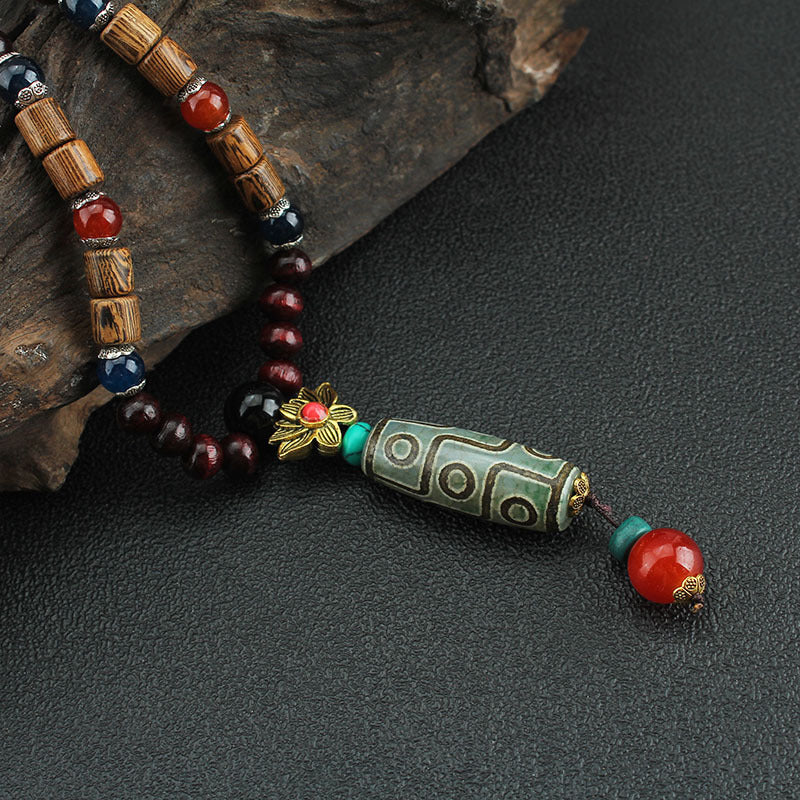Bohemian Ethnic Wooden Buddha Bead Necklace for Men & Women - Natural Wood & Water Buffalo Turquoise Beads, Handcrafted Retro Unisex Jewelry for Daily Wear, Vacations, Unique Gift Idea