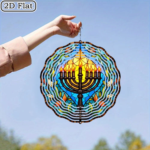 2D Flat, 3D Rotating Star of David Wind Chime with 360° Spinning Motion - Metal Jewish Menorah-Inspired Hanukkah Decoration, Stained-Glass-Effect Indoor/Outdoor Garden & Home Decor, Ceiling or Hanging Ornament, Perfect Gift