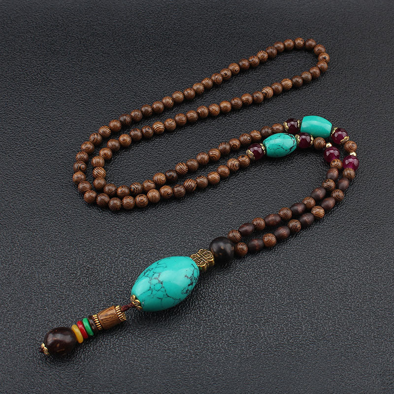 Bohemian Ethnic Wooden Buddha Bead Necklace for Men & Women - Natural Wood & Water Buffalo Turquoise Beads, Handcrafted Retro Unisex Jewelry for Daily Wear, Vacations, Unique Gift Idea