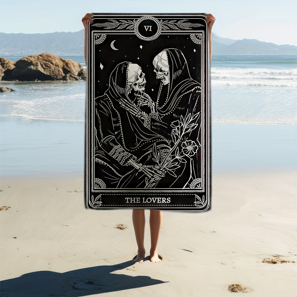 Vibrant Bohemian Skull Tarot Beach Towel - Soft, Quick-Dry, Super Absorbent, 100% Polyester Knit Fabric, High Color Fastness, Oblong Shape, Cartoon Theme, 240gsm, Ideal for Swimming, Bath, Camping, Unisex