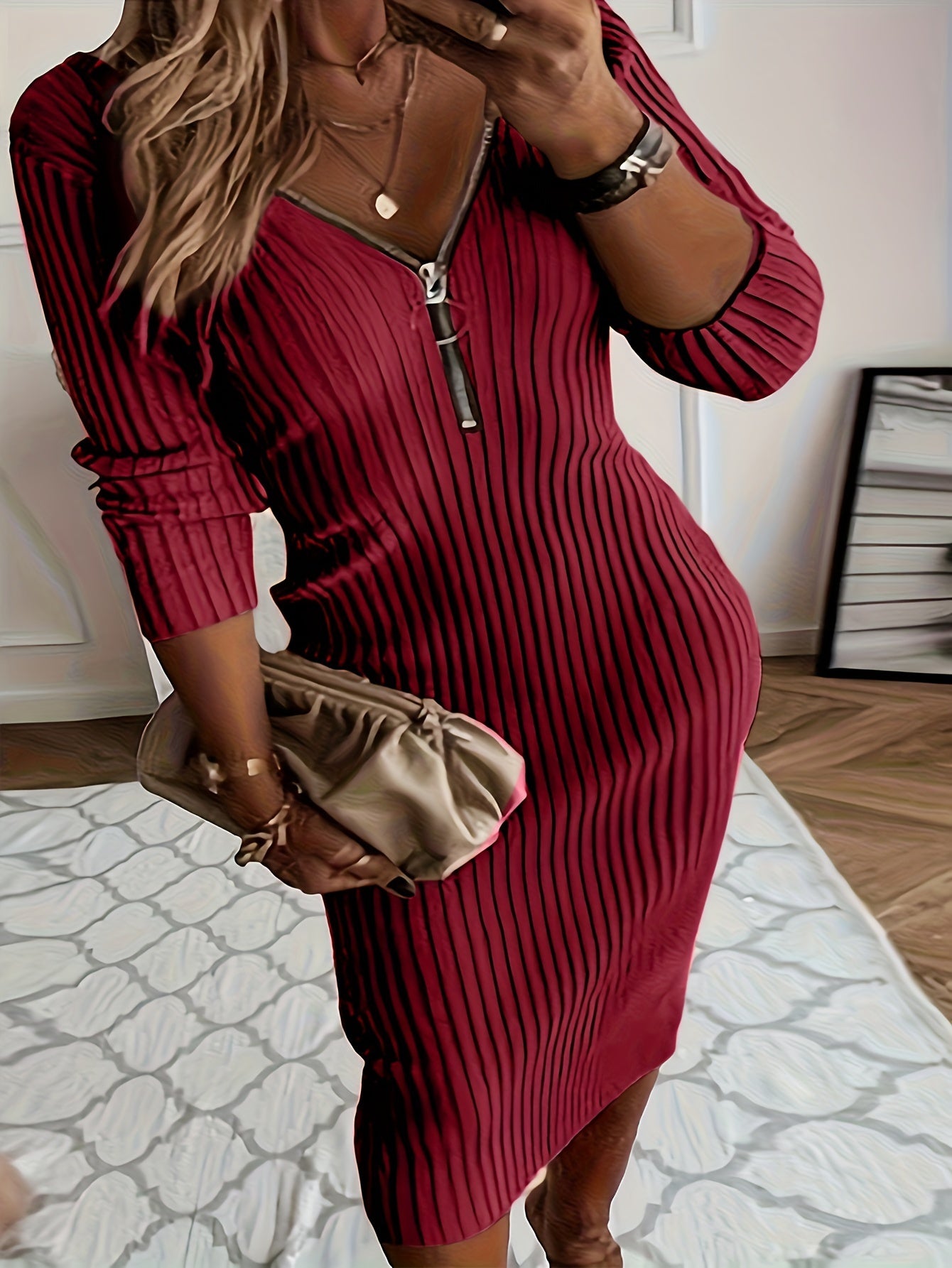 Plus Size - Plus Size - Plus Size, Women'S Plus Size Elegant V-Neck Long Sleeve Dress - Fitted Stretchy Solid Color with Zipper Back, Machine Washable Fall Winter Casual to Formal Wear, Long Sleeve Dresses For Women, Plus Siz