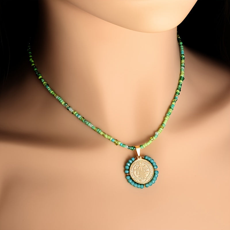 4pcs/set Christian Saint Benedict Pendant Women Girls Boho Style Beaded Rainbow Bead Necklace Saint St. Benedict Cross Amulet Jewelry