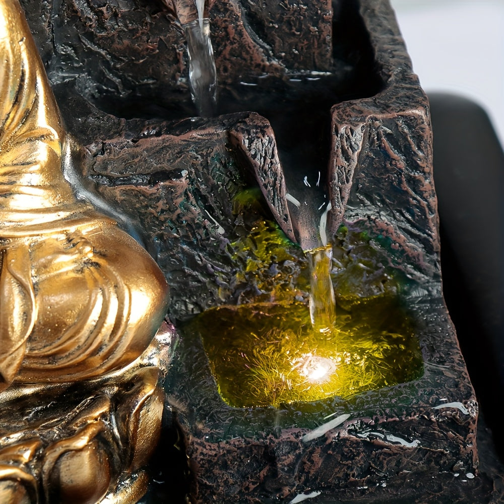 Tabletop Waterfall Buddha Fountain With LED Multi-Color Lighting: An Ideal Indoor Decor For Office, Home, And Bedroom Settings