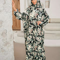 Ramadan Elegant Two-piece Set - Floral Print Maxi Length Kaftan Dress & Lace Trim Khimar Hijab - For Women - Suitable for Ramadan & Special Occasions - Perfect Gift for Muslim Women
