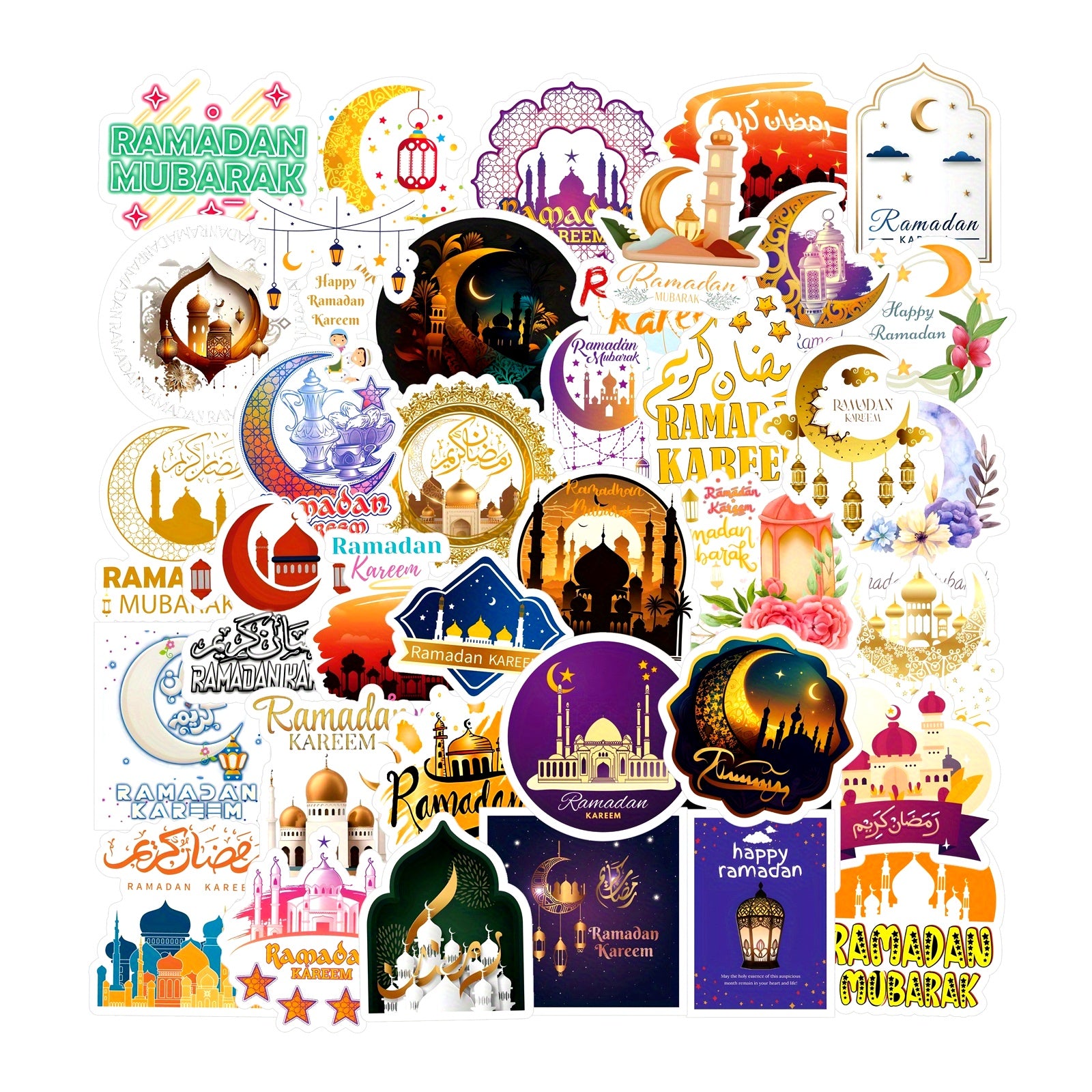 65pcs Islamic Vinyl Stickers - Waterproof, Single Use Decals for Laptop, Water Bottle, Phone, Skateboard, Luggage, Guitar - Muslim Decorations, Diverse Shapes, for Ages 14+