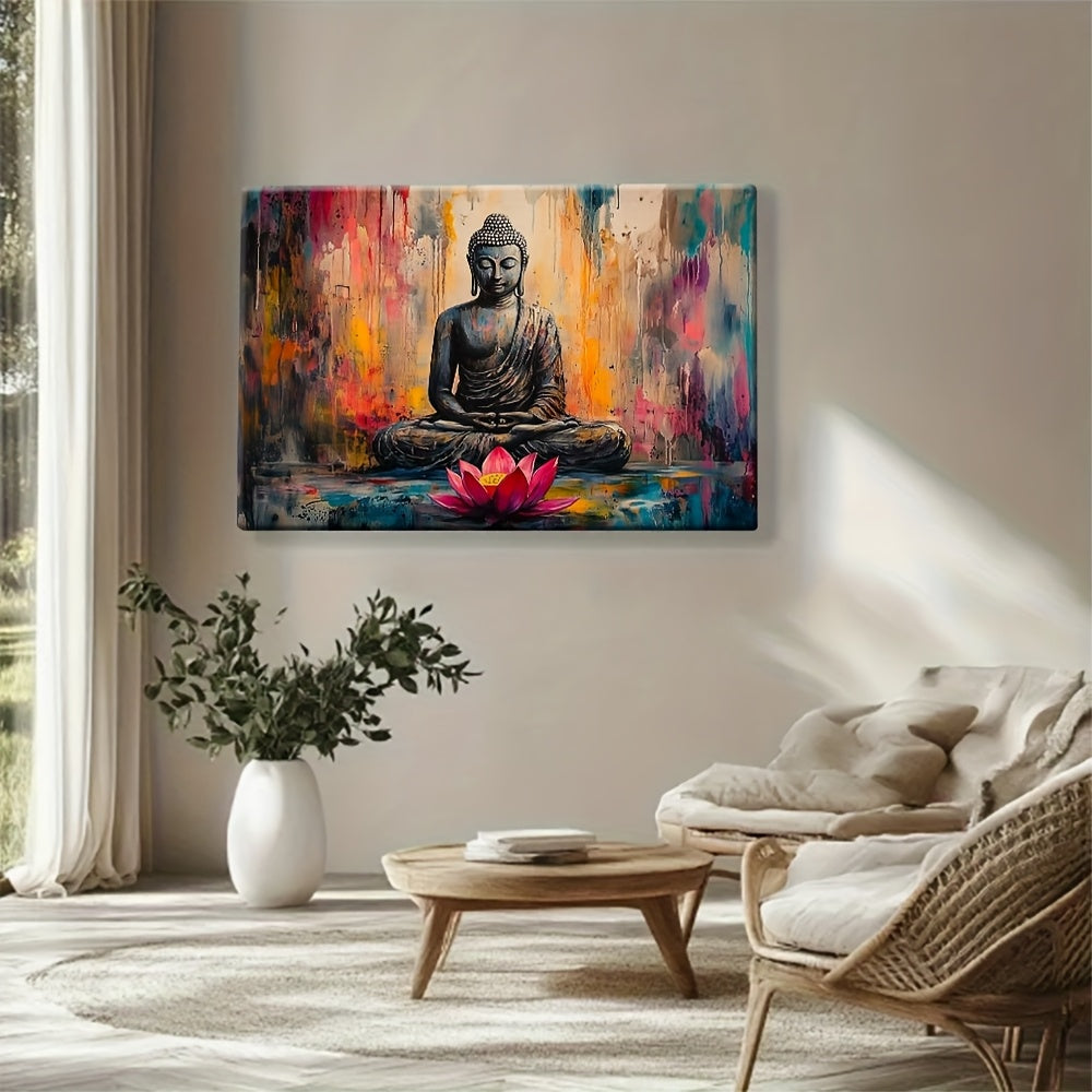 Abstract Buddha Canvas Wall Art with Wooden Frame - Vibrant Colors, HD Wrapped Canvas Print for Living Room, Bedroom, Home Office Decor - Spiritual Meditation Artwork, Highdefinition Print, Zen Home Decor