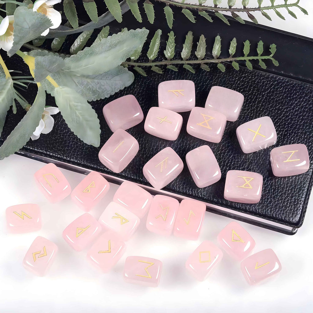 A Nordic Rune Set Featuring Crystal Rune Stones, Including 25 Rune Stones, a Pendant, And a Carved Wooden Board. Elegant And Exquisite