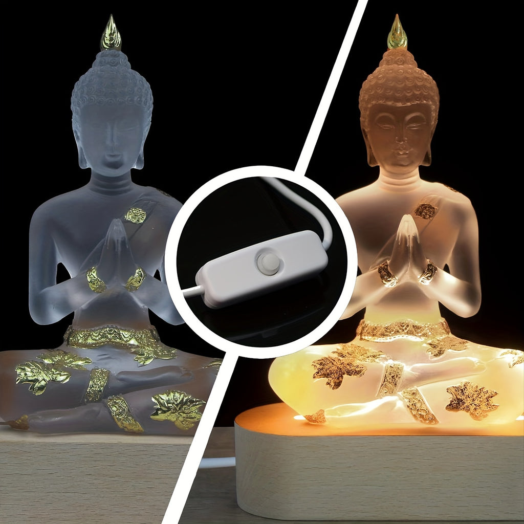 Buddha Statue with LED Light Base, 7'' Seated Small Figurine Collectibles Meditation Decor, Transparent Sculpture Ornaments for Spiritual Living Room, Yoga Zen, Home Decoration