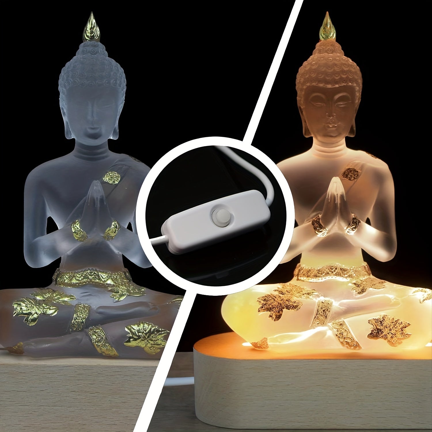 Buddha Statue with LED Light Base, 7'' Seated Small Figurine Collectibles Meditation Decor, Transparent Sculpture Ornaments for Spiritual Living Room, Yoga Zen, Home Decoration