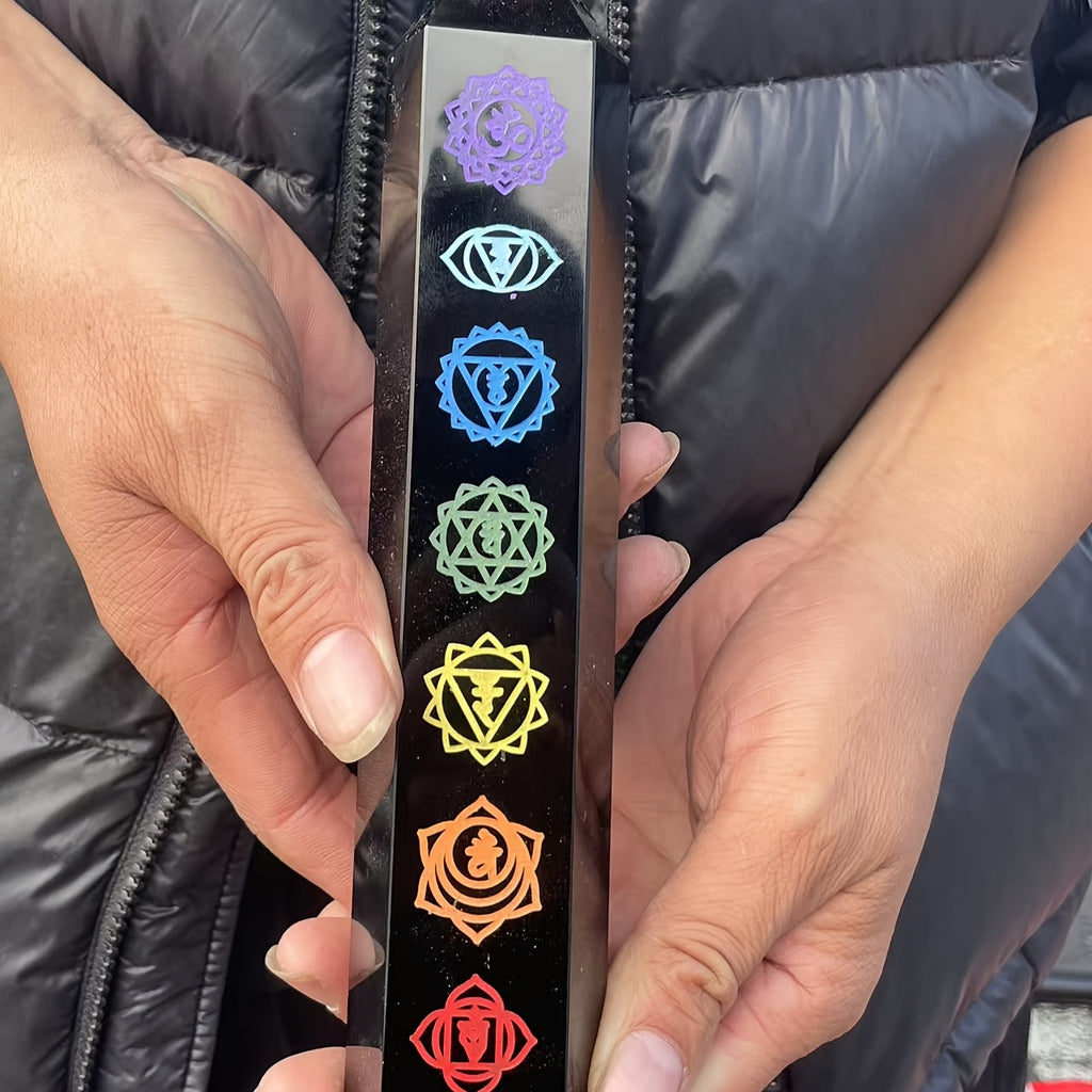 Seven Chakra Obsidian Rune Pillar - Hexagonal Crystal Tower, Gemstone for Home And Office Decoration
