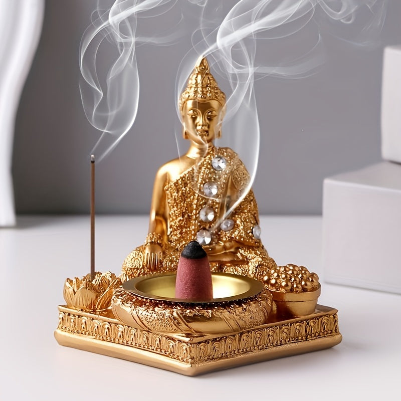 1pc Elegant Golden Buddha Incense Burner with Diamond Accents - Resin, Square Base, for Lotus Design for Living Room & Entryway Decor, Indoor Use, No Electricity Required, Zen Home Decor