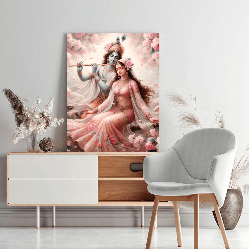[2D Flat] 1pc Radha Krishna Indian Spiritual Painting - Krishna & Radha in Cherry Blossom Grove, Large Vertical Canvas Wall Art with Wooden Frame (12x16 Inches / 30x40cm) - Ready-to-Hang Hindu Deity Decor for Meditation Room,