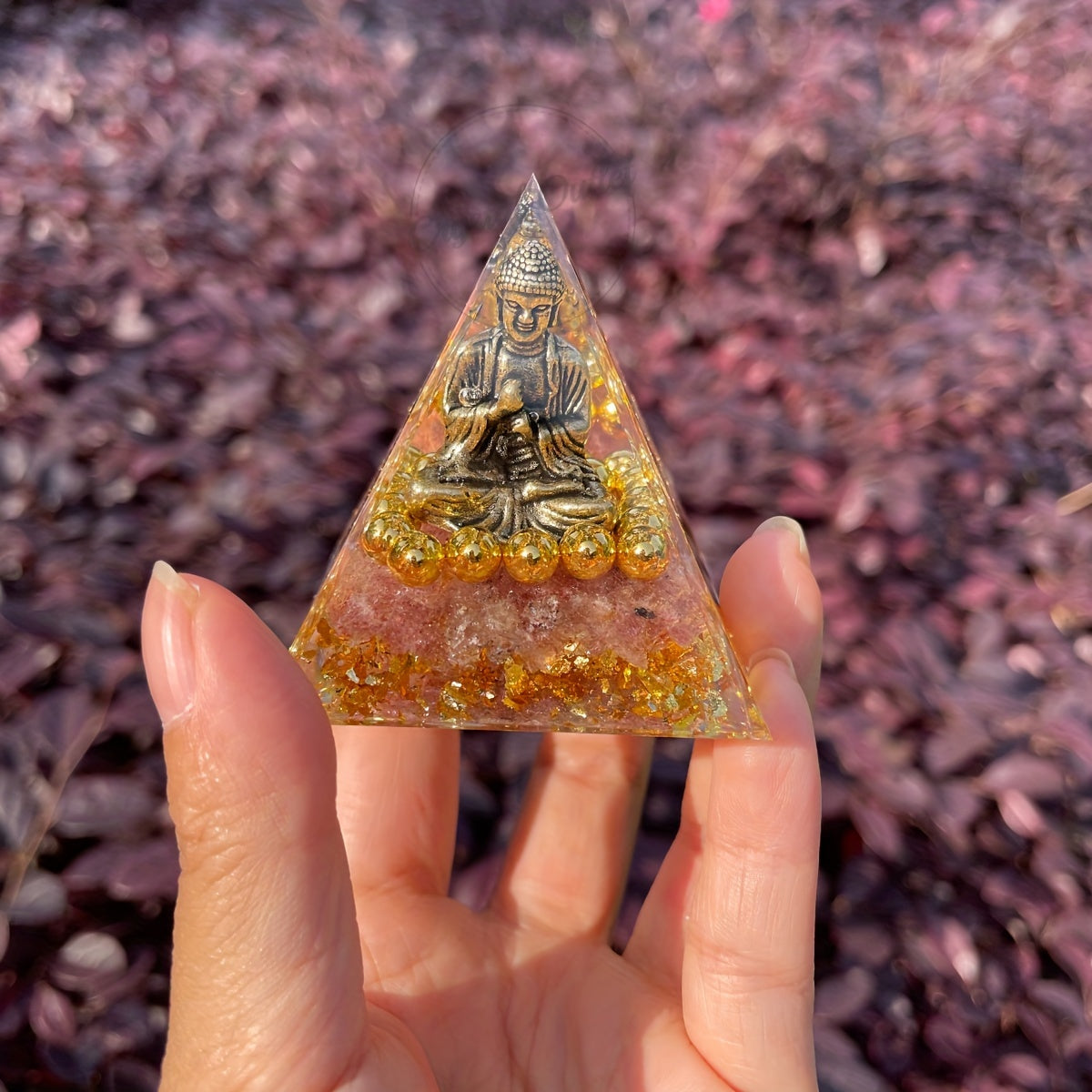 "Serenity Enhancer" 1pc Golden Beaded Buddha Orgone Pyramid With Natural Crystal Chips - Amethyst Energy Generator For Positive Vibes, Home & Yoga Decor