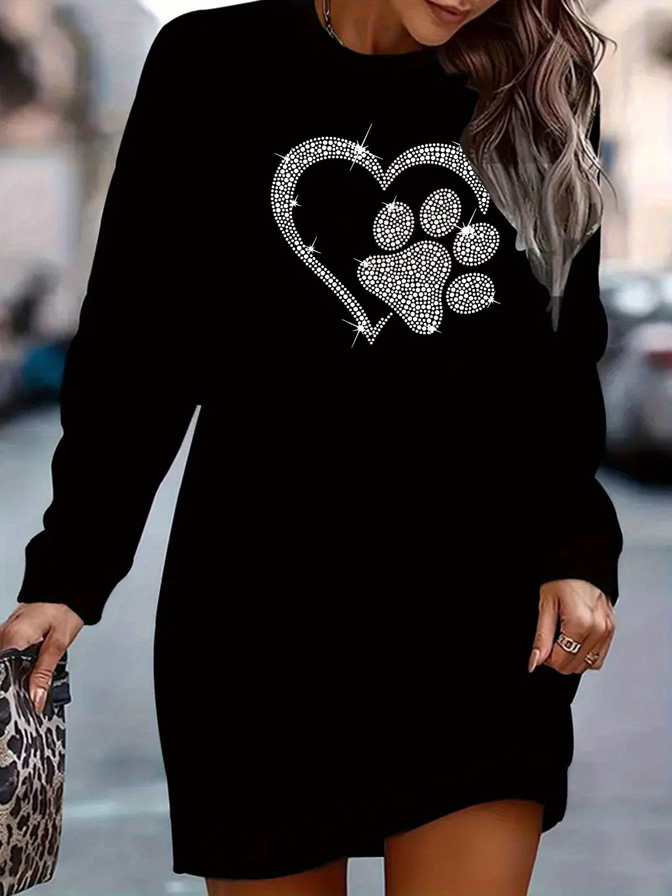 Plus Size, Women's Elegant Long Sleeve Crew Neck Sweatshirt Dress - Plus Size Friendly Oversized Casual Button-Front Dress with Paw Print & Heart Design (White/Black), Machine Washable Polyester Blend Winter Dress for, Semi-F