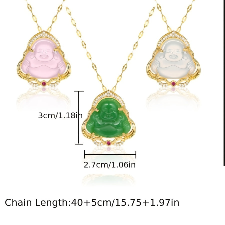 1pc Vintage Chinese Style Titanium Steel Buddha Pendant Necklace with Synthetic Imitation Jade, Lucky Charm Jewelry for Daily Wear & Gift-Giving, Valentine's Day Suitable, Buddha Necklaces