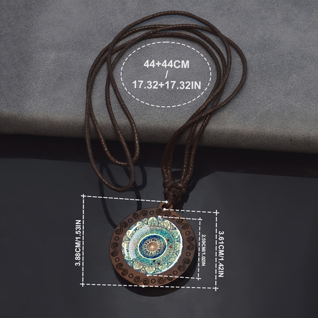 1pc Mandala Sacred Geometry Glass & Wood Pendant Necklace - Adjustable Rope Chain, Natural Wood & Glass Meditation Jewelry for Men, Gift, Spiritual Enlightenment Symbolism, Buddhist Jewelry, Artistic Design, Unique Craftsmans