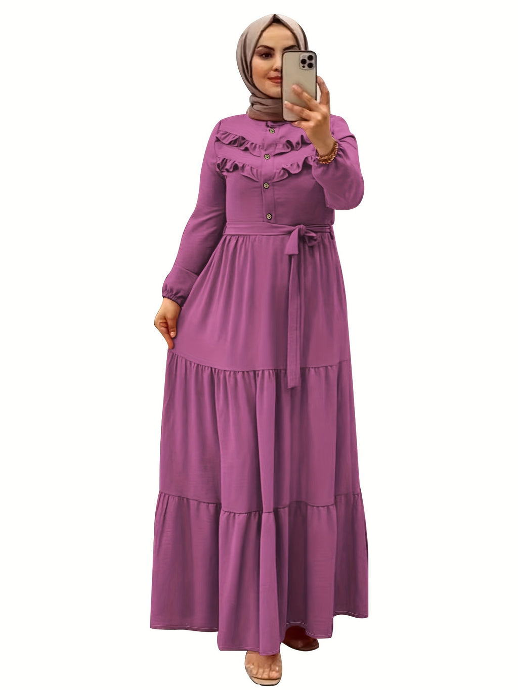Elegant Light Green Maxi Dress for Muslim Women - Casual Solid Color with Ruffle Hem & Button Detail, Polyester Blend, Machine Washable - Hijab Not Included