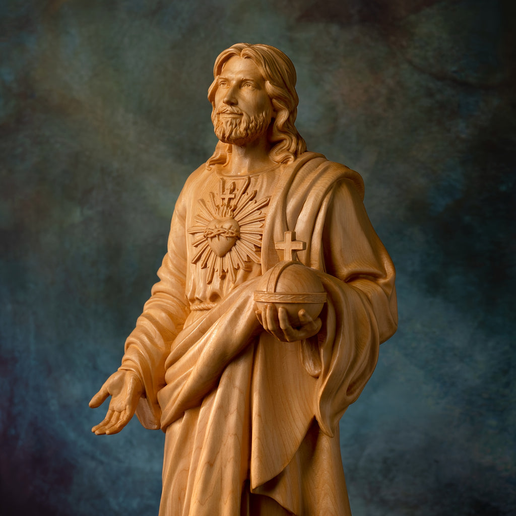 1pc Hand Carved Boxwood Jesus Sacred Heart Statue, Indoor Home Living Room Bedroom Decoration, Christian Gift Art Statue