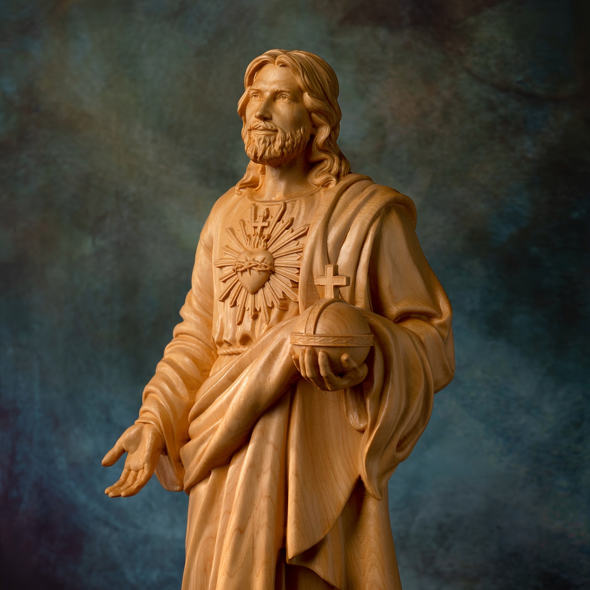 1pc Hand Carved Boxwood Jesus Sacred Heart Statue, Indoor Home Living Room Bedroom Decoration, Christian Gift Art Statue