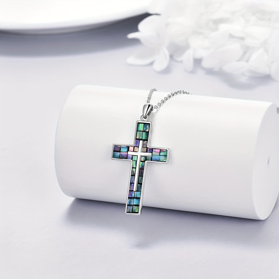 [Sterling Silver Abalone Shell Cross] Hypoallergenic Sterling Silver Cross Necklace - Abalone Shell Pendant, Religious Christian Jewelry Gift for Men and Women, YFN