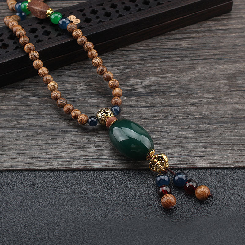 Bohemian Ethnic Wooden Buddha Bead Necklace for Men & Women - Natural Wood & Water Buffalo Turquoise Beads, Handcrafted Retro Unisex Jewelry for Daily Wear, Vacations, Unique Gift Idea