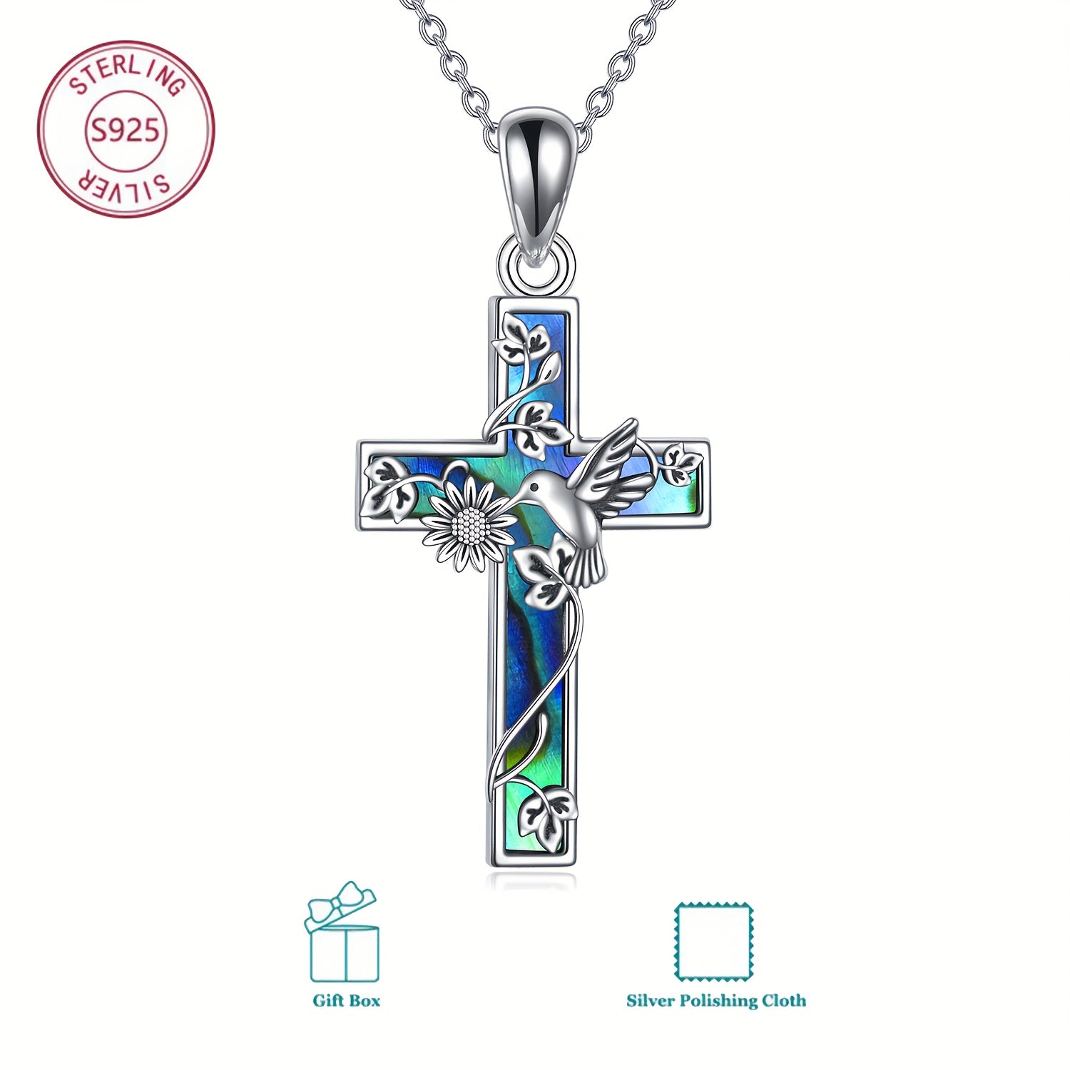 YFN Sunflower Cross Necklace Sterling Silver Hummingbird Cross Pendant Abalone Shell Jewelry Religious Christian Baptism Gifts for Her Women