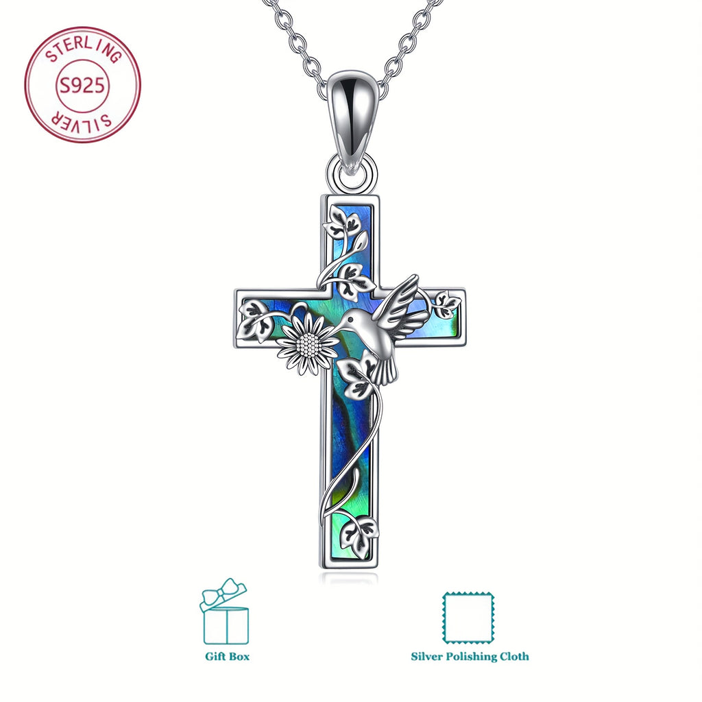 YFN Sunflower Cross Necklace Sterling Silver Hummingbird Cross Pendant Abalone Shell Jewelry Religious Christian Baptism Gifts for Her Women
