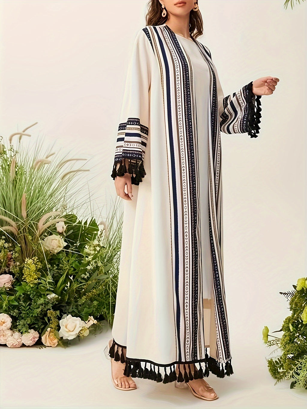 [Open Front Tribal Kaftan Cover] Tribal Pattern Open Front Kaftan Cover Up, Elegant Tassel Hem Long Sleeve Maxi Length Muslim Cover Up, Women's Clothing