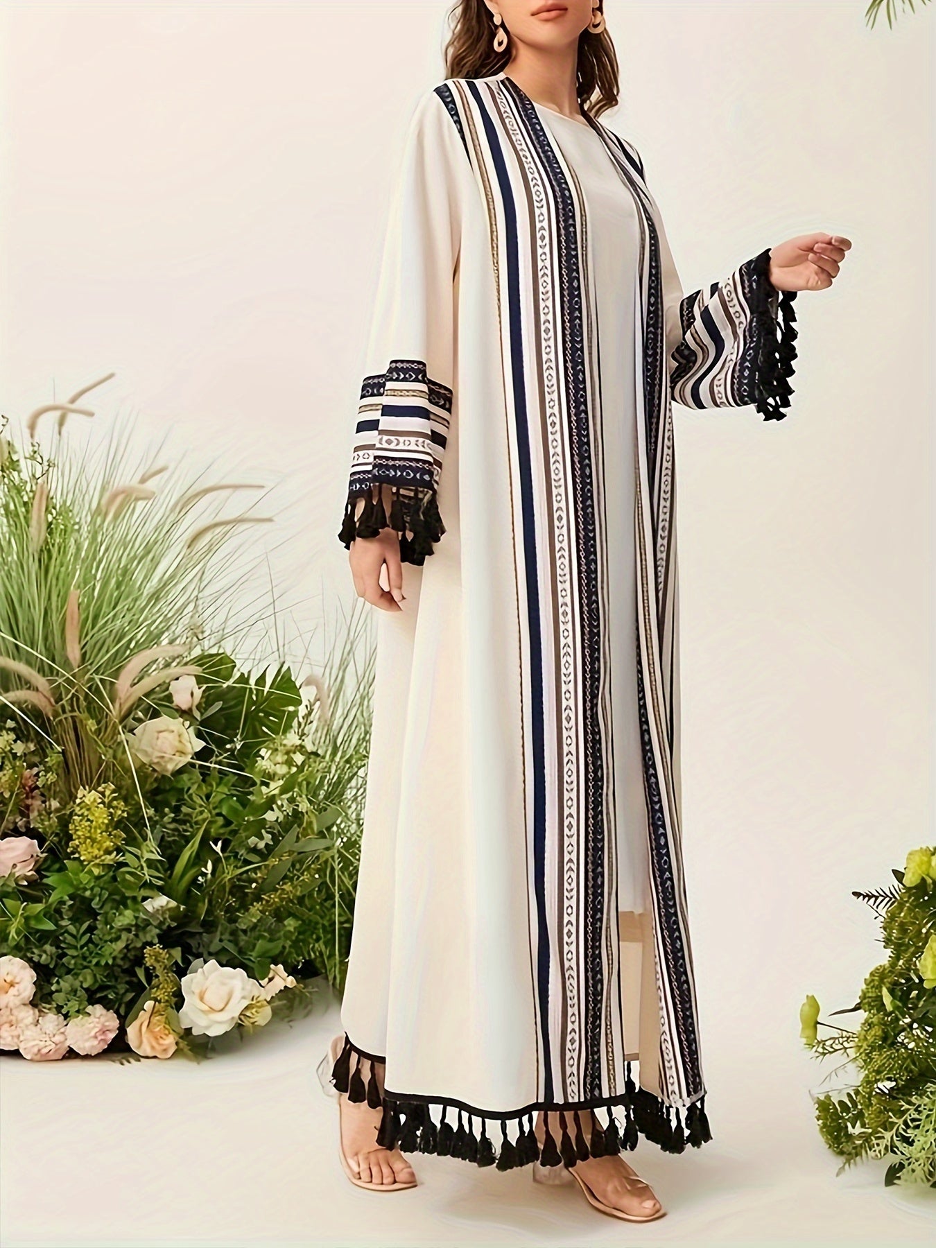 [Open Front Tribal Kaftan Cover] Tribal Pattern Open Front Kaftan Cover Up, Elegant Tassel Hem Long Sleeve Maxi Length Muslim Cover Up, Women's Clothing